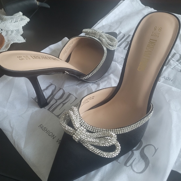 Dream Pairs Black Satin Heels with Rhinestone Bow High HE - Picture 5 of 9